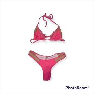 Hot Pink Nude Mesh Insert Low Rise Cheeky Bikini Set